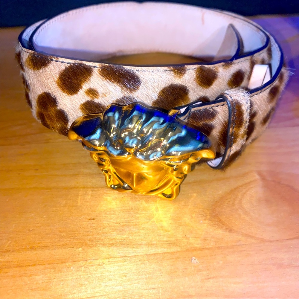 Versace Men's Medusa Buckle Leopard Print Belt